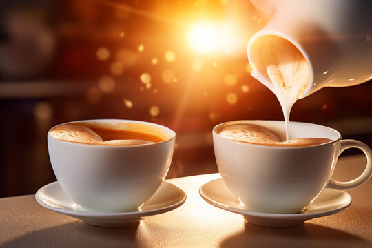 AI Generated Image. Pouring coffee into the white coffee cups