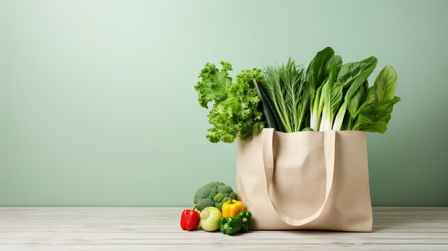 Reusable tote bag filled with fresh local products and vibrant vegetables on light blue background