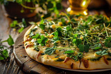AI Generated Image. Pizza decorated with clovers for St Patrick’s Day celebration - 713084907