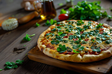 AI Generated Image. Pizza decorated with clovers for St Patrick’s Day celebration - 713084912