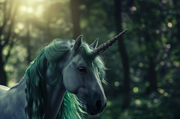 AI Generated Image. Epic unicorn with long hair in a magic forest. St. Patrick’s Day concept - 713084940