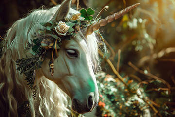 AI Generated Image. Epic unicorn with long hair in a magic forest. St. Patrick’s Day concept - 713084942