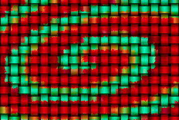 Kolorowa tkana tekstura. Splecenie, krata na czarnym tle ze spiralnym motywem w kolorach turkusowym i czerwonym. Abstrakcyjne geometryczne tło