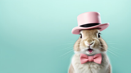 Cute amazed bunny in pink hat on blue background. Happy Easter concept