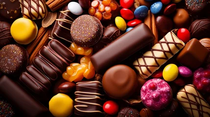Poster Delicious array of tempting chocolate candies in captivating top down display © Ilja