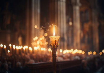 Burning candle on church Easter service