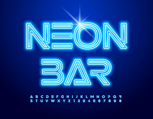 Vector trendy Poster Neon Bar. Futuristic Neon Font. Cool Glowing Alphabet Letters and Numbers set.