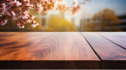 Naklejka na ściany i meble Wooden table spring nature bokeh background, empty wood desk product display mockup with green park sunny blurry abstract garden backdrop landscape ads showcase presentation. Mock up, copy space.