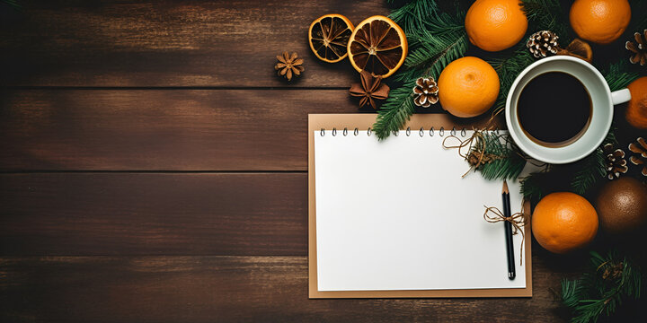 Cup of mulled wine with spices on wooden table, top view .a blank paper, perfect for jotting down ideas or doodling with copy space ,Christmas food background with ingredients for mulled wine  