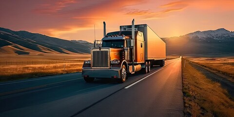 Obraz premium Truck in motion on highway for transportation of cargo freight vehicle shipping trailer delivering goods at speed logistic traffic moving under sky fast and heavy driving business at sunset