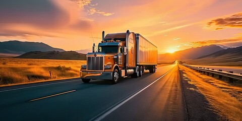 Obraz na płótnie Canvas Truck in motion on highway for transportation of cargo freight vehicle shipping trailer delivering goods at speed logistic traffic moving under sky fast and heavy driving business at sunset