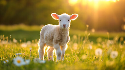 A cute lamb standing on a green spring meadow, sun is shining