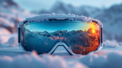 A goggles is lying on the snow. Close-up. Blurred mountains in the background. Snow. Safety glasses with reflection. A beautiful panorama without people. Ai generative - obrazy, fototapety, plakaty