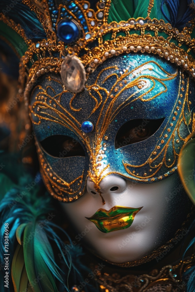 Aufkleber a close-up view of a mask adorned with feathers. perfect for masquerade parties and costume events