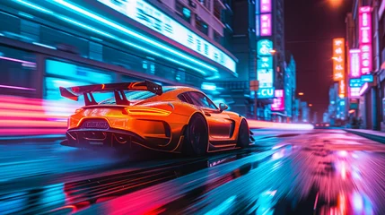 Poster Im Rahmen Vibrant orange sports car racing through narrow neon lit city streets. © Meta