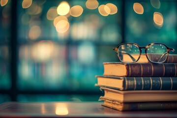 stack of hardcover books with bokeh background - obrazy, fototapety, plakaty