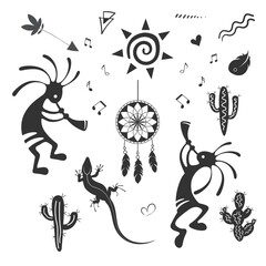 Kokopelli fertility deity vector illustration. Set of Indian symbols.