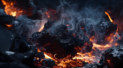 Super slow motion of rotating coal pieces with fire.