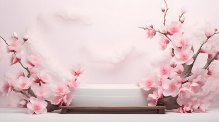Sakura flowers on branch with podium mockup