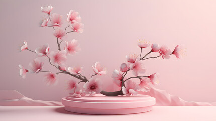 Sakura flowers on branch with podium mockup