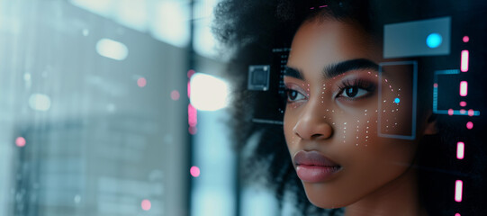 Portrait beauty woman clear skin with face tracking technology and science,facial treatment,botox,filler,scan security,skin care,cosmetic,beauty technology. beauty concept.