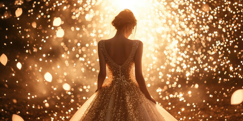 Dride from behind in wedding dress woman, bright glitter background.