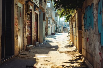 Obraz premium A narrow alleyway adorned with vibrant graffiti. Perfect for urban-themed projects and street art enthusiasts