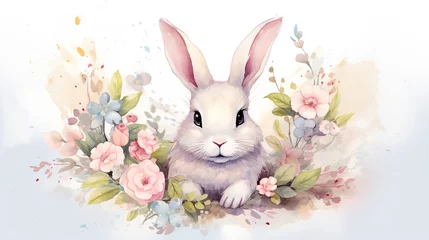 Fotobehang Cute Easter bunny with flowers in watercolor style © Philippova