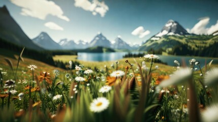 Beautiful Alpine Meadow with Flowers and Mountains - Mountain Floral Symphony - obrazy, fototapety, plakaty