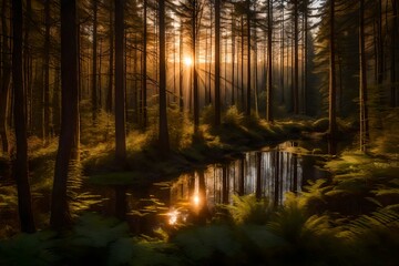 Fototapeta premium Delve into the serene allure of Sainte-Marguerite Valley Forest at sunset—a narrow river reflecting the last rays of daylight. The super realistic rendering,