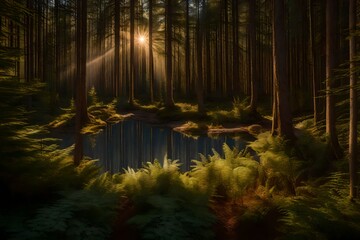Delve into the serene allure of Sainte-Marguerite Valley Forest at sunset—a narrow river reflecting the last rays of daylight. The super realistic rendering,
