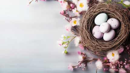 Flat lay of blue and pink decorated easter eggs in nest with beautiful spring flowers