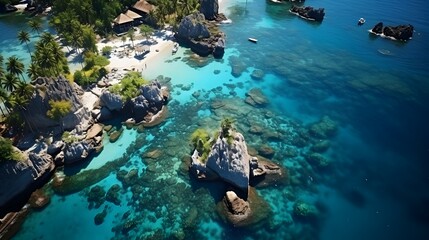 An aerial view of a luxurious tropical beach resort, nestled in a secluded cove with turquoise waters and lush palm trees