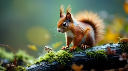 Curious squirrel among nuts, warm lighting, autumn atmosphere