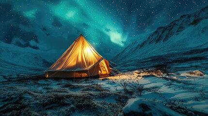 A glowing tent under a starry night sky with northern lights, surrounded by a snowy landscape and mountains