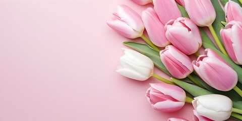 Fototapeta na wymiar A flat lay of pink and white tulips arranged neatly on a bright pink background.