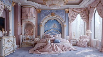 A luxurious pink and gold bedroom with ornate details in a palace setting.