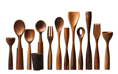 Beauty of Utensils Hand-carved from Walnut Wood on a Pristine Surface on White or PNG Transparent Background.