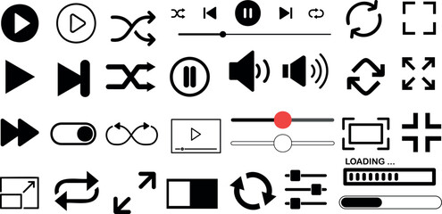 Media player icon set vector illustration. multimedia,  Play, pause, stop, volume, shuffle, repeat, playlist, eject, record. Modern design for apps, websites. User friendly interface, ui, ux