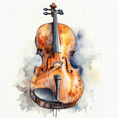 Watercolor violin isolated on white, musical instrument collection watercolor painting, musical instrument clipart, printable musical instrument sticker, children's book illustration