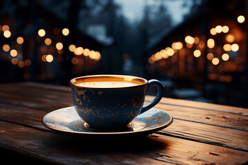 Obraz premium Cup of drink. coffee tea. Outdoor space or big window with beautiful view. cosy warm place. Christmas, new year celebration. Social media post, banner, cover, flyer, invitation. Generative Ai content