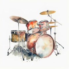 Watercolor drum set isolated on white, musical instrument collection watercolor painting, musical instrument clipart, printable musical instrument sticker, children's book illustration