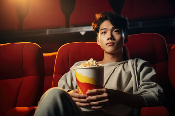 Asian boy enjoying movie with popcorn. Generative AI