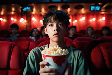 Captivated young viewer at movie premiere. Japanese boy enjoying movie with popcorn. Generative AI
