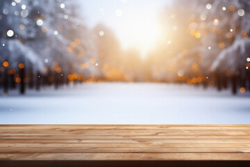 Wooden table snowy trees winter nature bokeh background, empty wood desk product display mockup...