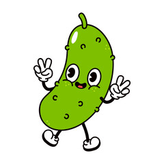 Jumping Cucumber character character. Vector hand drawn traditional cartoon vintage, retro, kawaii character illustration icon. Isolated on white background. Cucumber character concept