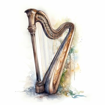 Watercolor harp isolated on white, musical instrument collection watercolor painting, musical instrument clipart, printable musical instrument sticker, children's book illustration