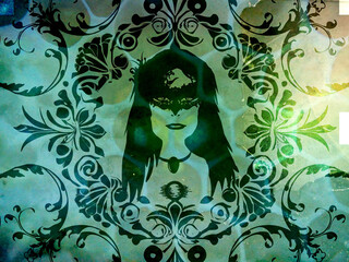 Ornamente mit Silhouette Gesicht Frau mit Maske im Gothic Style - Abstrakter Hintergrund