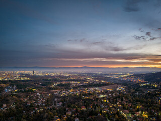 City of Sofia at sunrise with mist taken by a drone