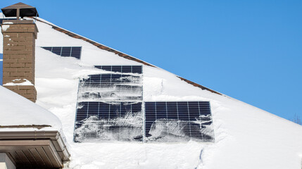 House rooftop solar panels cleared of snow with clear blue sky